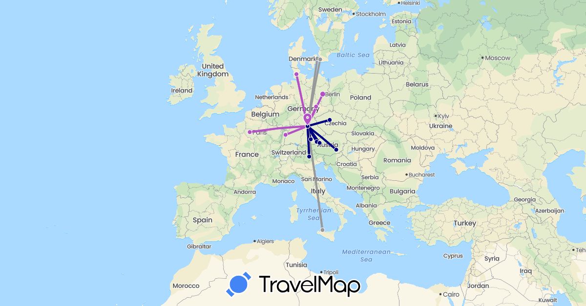TravelMap itinerary: driving, plane, train in Austria, Czech Republic, Germany, Denmark, France, Italy, Sweden (Europe)